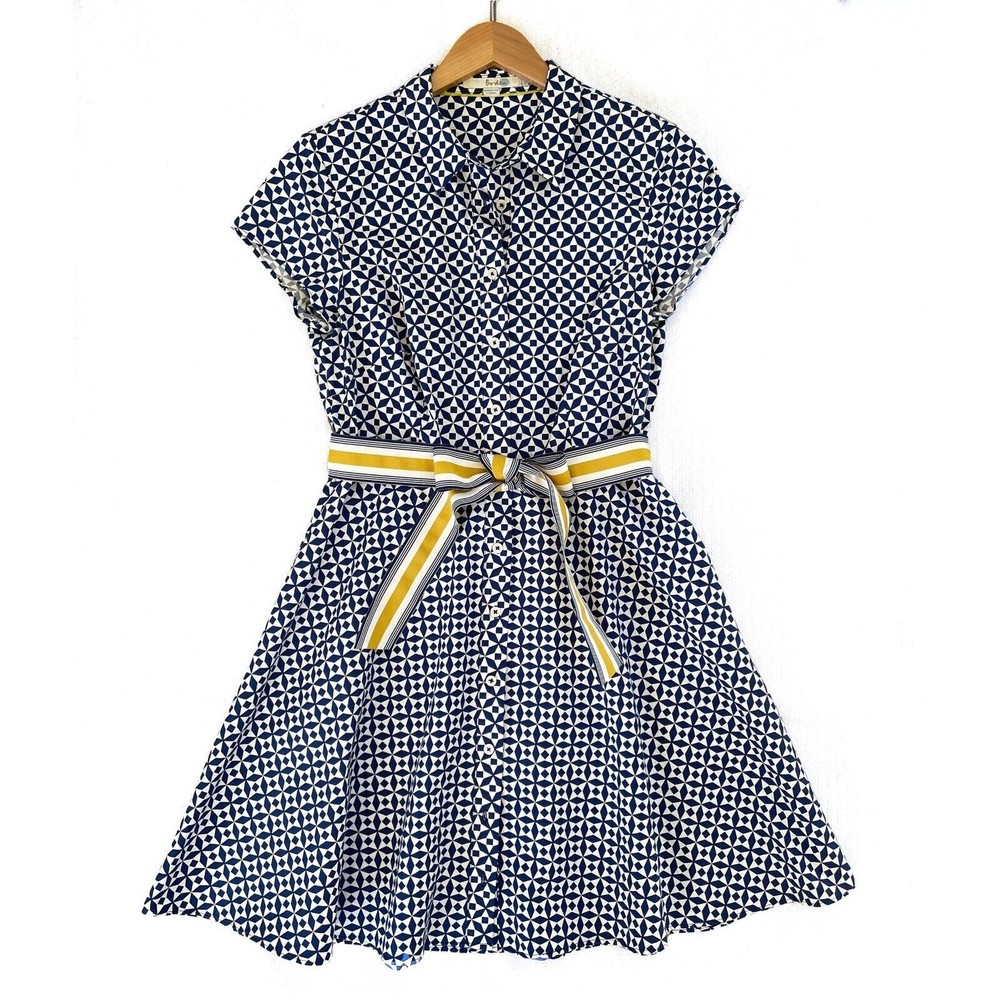Boden Navy and White Geometric Midi Dress with Yellow Stripe Belt